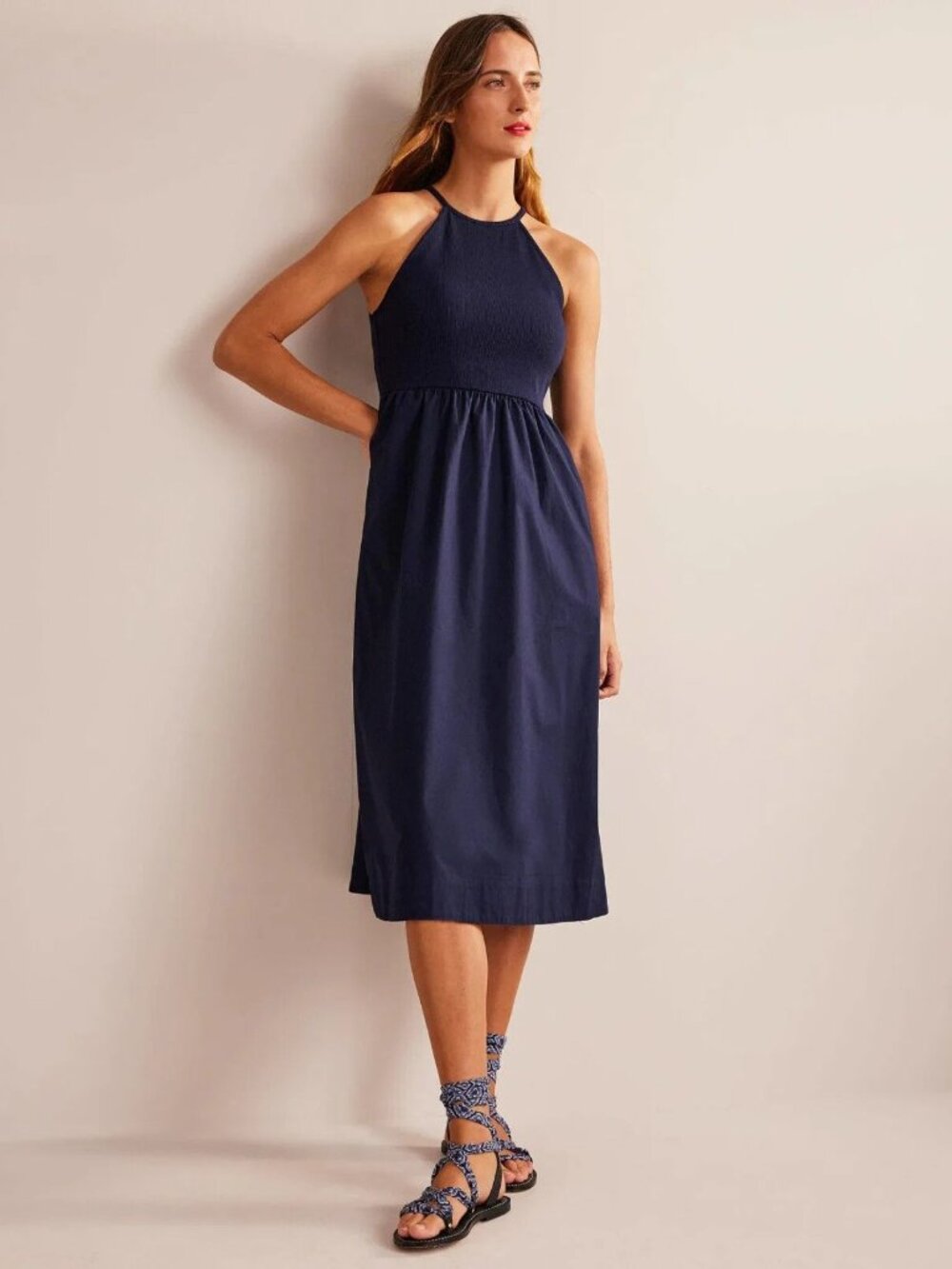 Boden Ribbed Halter Midi Dress Mixed Media Navy 6 Regular Preppy Casual Boho